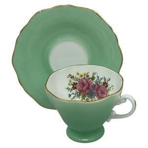 Mint Green Floral‎ Crown Tea Cup and Saucer  Staffordshire England Pink Roses